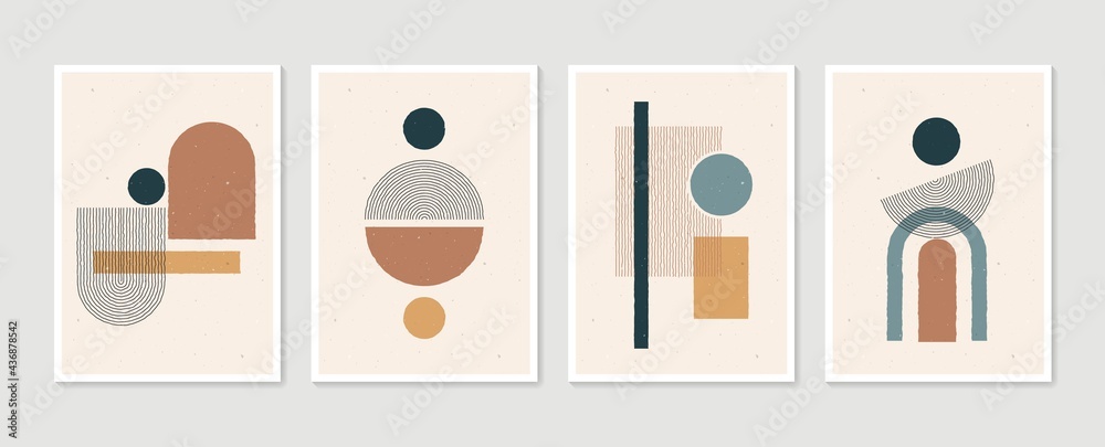 Geometric trendy set of abstract aesthetic minimalist hand drawn contemporary posters. Modern art ideal for wall decoration, interior poster design. Modern vector illustration. - obrazy, fototapety, plakaty 