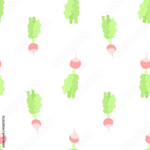 Vector seamless pattern with radish on white background. For spring and summer decoration, fest invitations, fabric, kitchen textile, towels print, gift and wrapping paper, cover of cooking book.