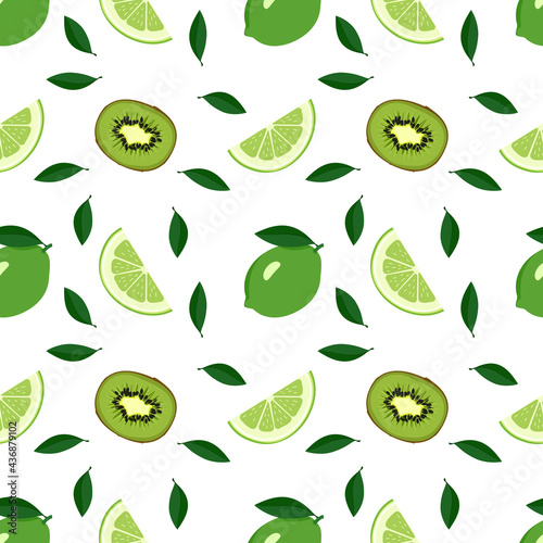 Cute seamless summer citrus and kiwi pattern on a white background. Print with whole lime, wedges and leaves. A set of fruits for a healthy lifestyle