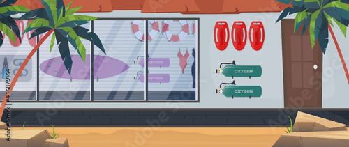 Beach lifeguard room. Swimming board, lifebuoy, fins and mask, oxygen tank. Cartoon style. Vector illustration.