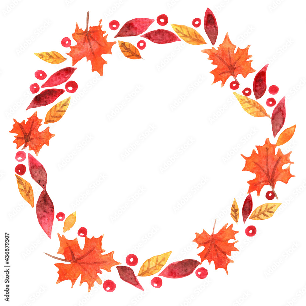 Colorful autumn leaves with red berry and maple leaf wreath watercolor hand painting for decoration on Autumn season and Thanksgiving festival Colorful autumn leaves with red berry and maple leaf wreath watercolor hand painting for decoration on Autumn season and Thanksgiving festival
