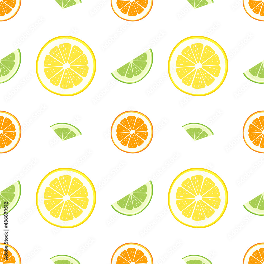 Cute seamless bright pattern of citrus fruits on a white background. Lemon, orange and lime print. A set of fruits for a healthy lifestyle