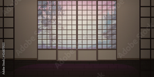 A room with a traditional Japanese sliding door. Vector illustration