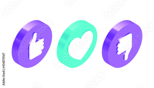 Set of Isometric Icons. Modern Flat Vector Illustration. Heart Shape Like, Like, Dislike Sign. Social Media Template.