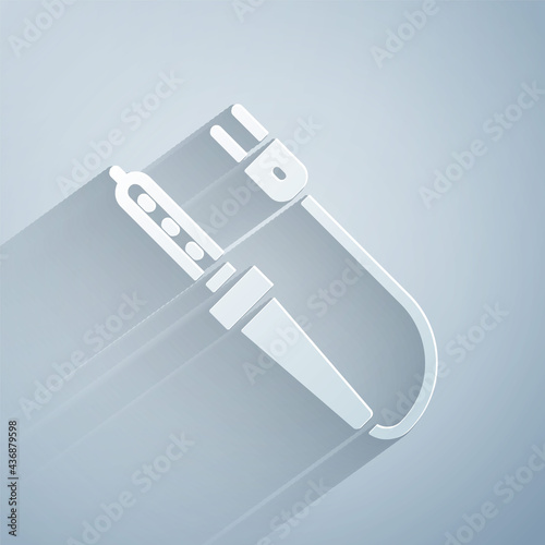 Paper cut Soldering iron icon isolated on grey background. Paper art style. Vector