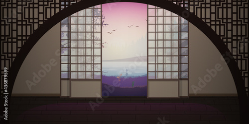 A room with a traditional Japanese sliding door. Vector