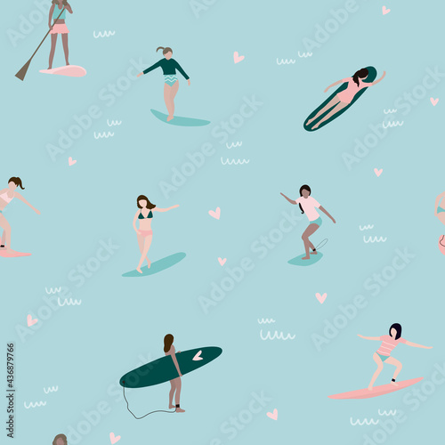 Canvas Print Seamless pattern of different people swimming in sea on surfboard in beachwear