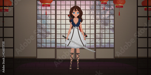 A girl with a katana in a white dress in the room of a Japanese house. Anime samurai woman.