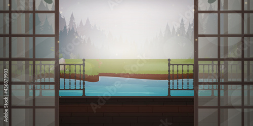Landscape of a forest with a river in the morning near the house. View of the forest from the veranda of the villa. Cartoon style. Vector illustration
