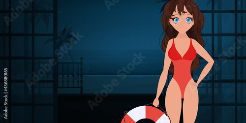 A girl in a red swimsuit is holding a lifebuoy. Beach lifeguard woman. Cartoon style. Vector illustration.