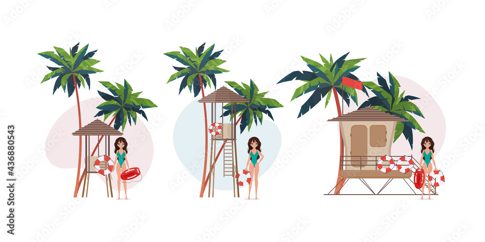 Fototapeta premium Woman near lifeguard. Set of beach lifeguard girls in swimsuit. For banners. Isolated. Vector illustration