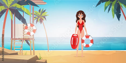 Beach lifeguard woman on the beach with palm trees. Cartoon style.