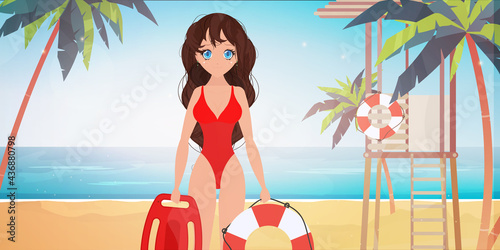Beach lifeguard woman on the beach with palm trees. Girl in a red swimsuit. Cartoon style. Vector illustration.