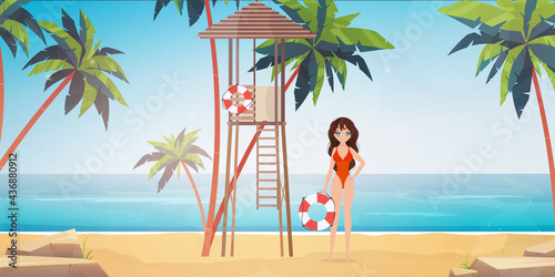 Beach lifeguard woman on the beach with palm trees. Girl in a red swimsuit overlooking the ocean. Cartoon style. Vector illustration.