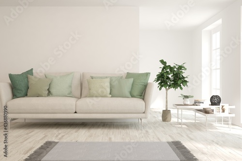 White living room with sofa. Scandinavian interior design. 3D illustration