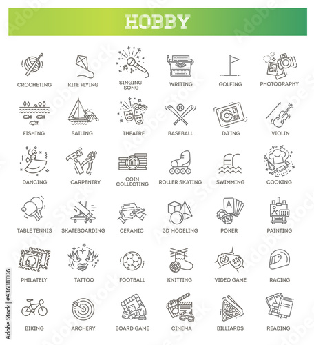 Hobbies and interest detailed line icons set in modern line icon style