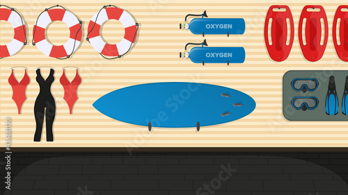 Beach lifeguard room. Swimming board, lifebuoy, fins and mask, oxygen tank. Cartoon style. Vector illustration.