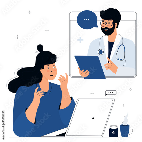 Online doctor consultation. The patient is at a remote appointment with a therapist. A woman has a conversation with a medical worker by video call using laptop. Telemedicine concept.