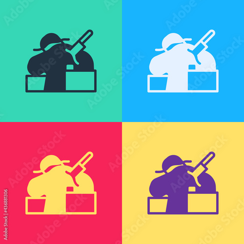 Pop art Murder icon isolated on color background. Body, bleeding, corpse, bleeding icon. Concept of crime scene. Vector