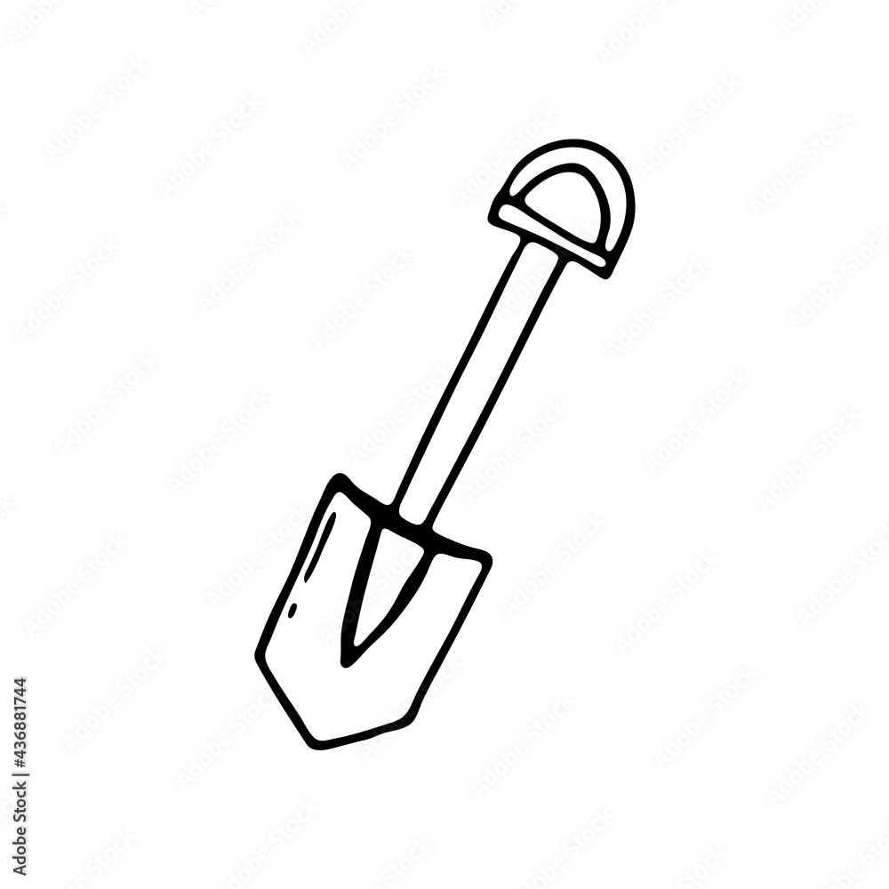 Doodle shovel. Isolated on white background drawing for prints, poster, cute stationery, travel design. Hand-drawn vector. Camping Doodle shovel. Isolated on white background drawing for prints, poster, cute stationery, travel design. Hand-drawn vector. Camping