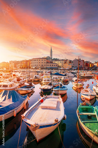 Cozy and quiet town of Rovinj with beautiful colorful houses on the Istrian peninsula, Adriatic sea at sunset