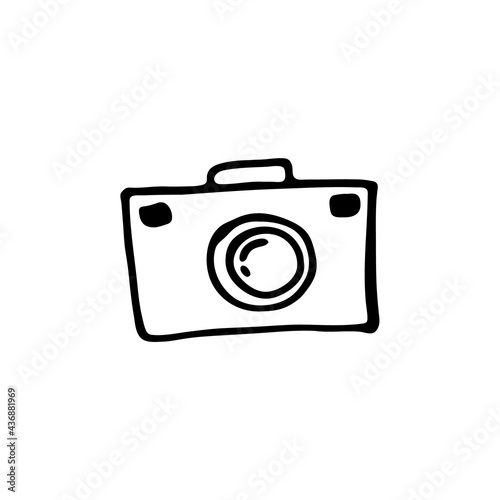 Doodle camera. Isolated on white background drawing for prints, poster, cute stationery, travel design. Hand-drawn vector. Camping