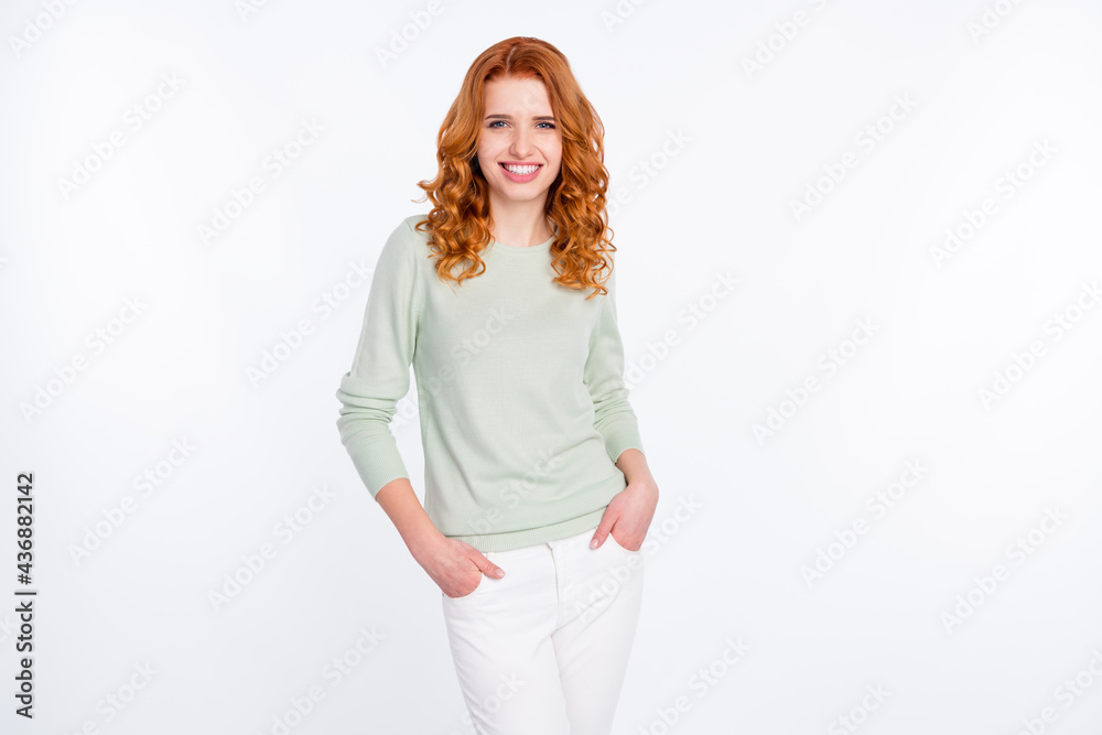 Photo portrait of young woman red hair smiling confident wearing stylish outfit isolated white color background Photo portrait of young woman red hair smiling confident wearing stylish outfit isolated white color background