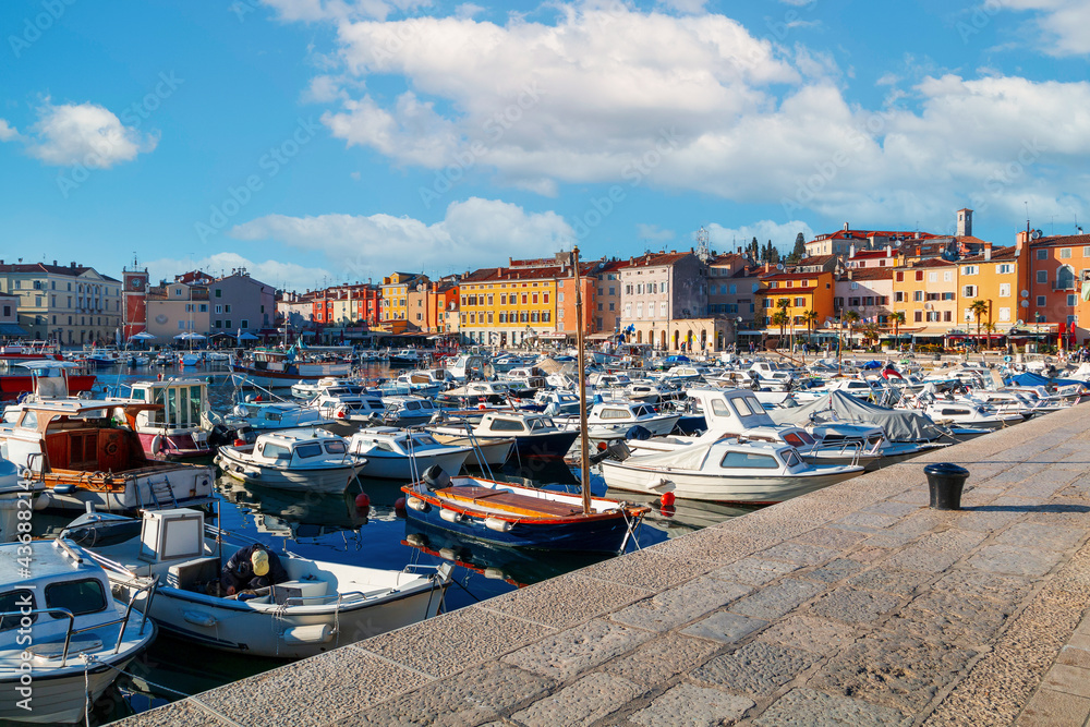 Cozy and quiet town of Rovinj with beautiful colorful houses on the Istrian peninsula, Adriatic sea at sunset