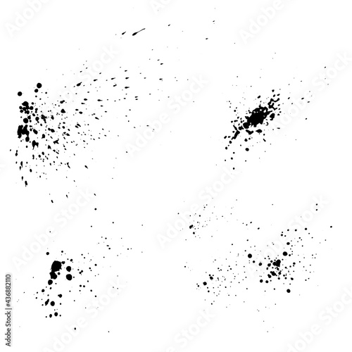 Splash brushes. Collection of black paints, ink brush sprays. Dirty art design elements. Vector illustration. Isolated over white background.