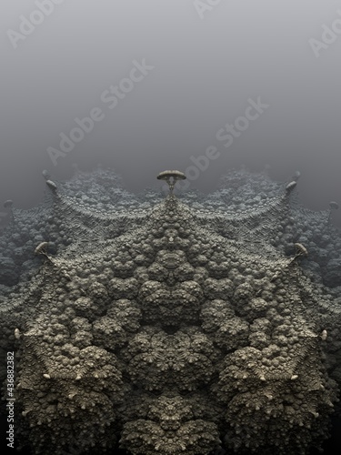 Fantastic 3D fractal background with recursive structures, shapes that looks alike a bizarre rock.