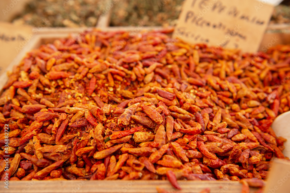 Hot red pepper. Spices are solding in outdoor market, Sicily, Italy