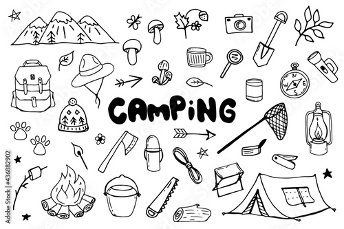 Doodle camping set. Isolated on white background drawing for prints, poster, cute stationery, travel design. Hand-drawn vector. Camping