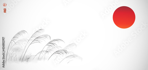 Leaves of grass on the wind and big red sun hand drawn with ink on white background. Traditional oriental ink painting sumi-e, u-sin, go-hua. Translation of hieroglyph - harmony.
