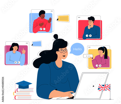 Language school. The teacher teaches an English lesson online. Distance learning
