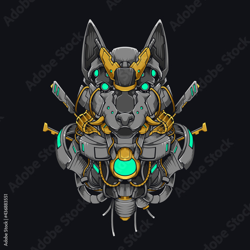 Mecha Dog Shiba Inu Cyberpunk Illustration. Japanese Shiba Inu Dog Security Robot Design Black Modern Technology Iron-Steel for Clothes and Hooded