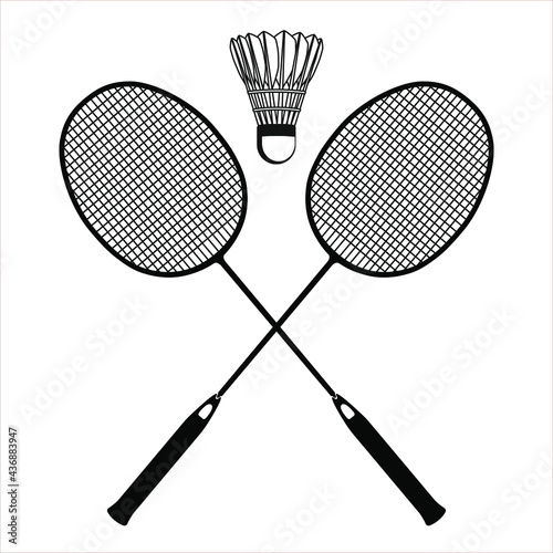 Flat black badminton racket and shuttlecock black silhouettes, vector illustration isolated on white background. Essential badminton sport game equipment. photo