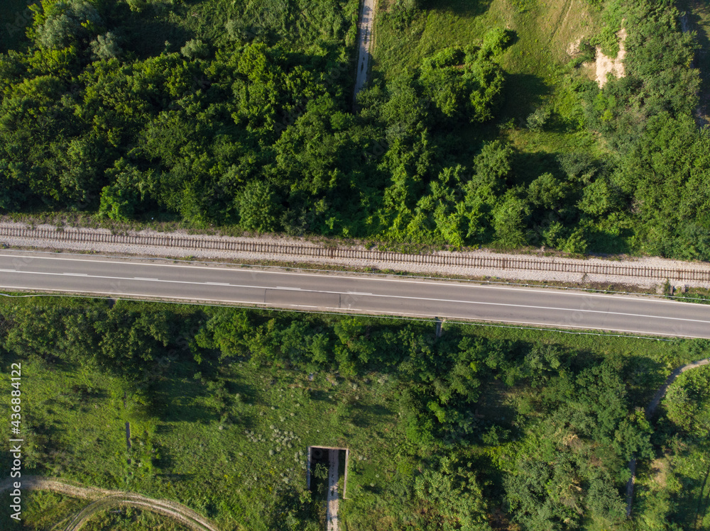 Fototapeta premium Highway through the woods. Aerial photography. 