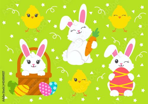 Happy Easter. Set of little cute rabbits. Carrot, basket, bunny, chicken, eggs. Colored flat vector illustration isolated on green background. Cartoon character.