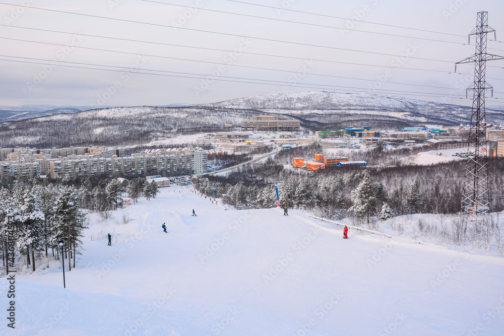 MURMANSK, RUSSIA - FEBRUARY 10, 2021: Beautiful view from the top of Nord Star ski complex located in Murmansk