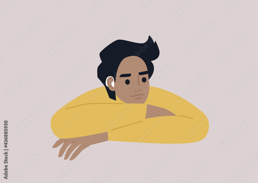 A young male character wearing an amplifying hearing device, modern lifestyle and health care A young male character wearing an amplifying hearing device, modern lifestyle and health care