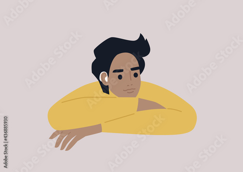 A young male character wearing an amplifying hearing device, modern lifestyle and health care