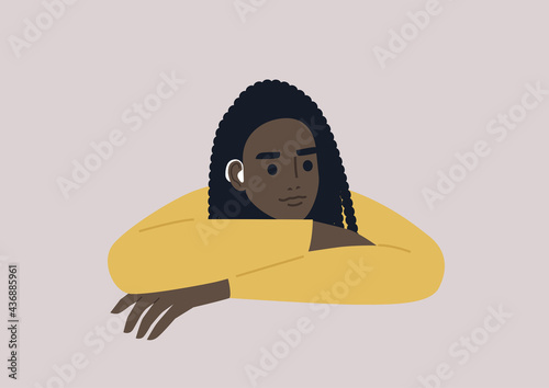 A young female Black character wearing an amplifying hearing device, modern lifestyle and health care