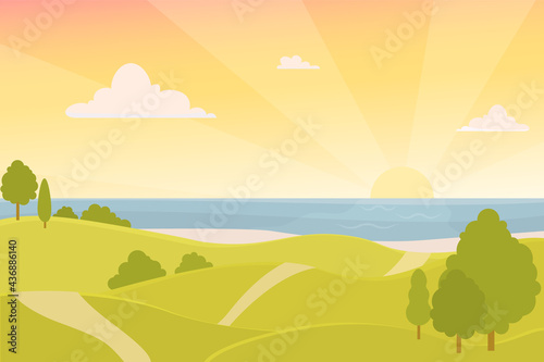 Vector illustration of the sea at sunset  in the foreground green hills and trees. Park with hills by the sea with sunrise and clouds. Sky and sea background in flat style