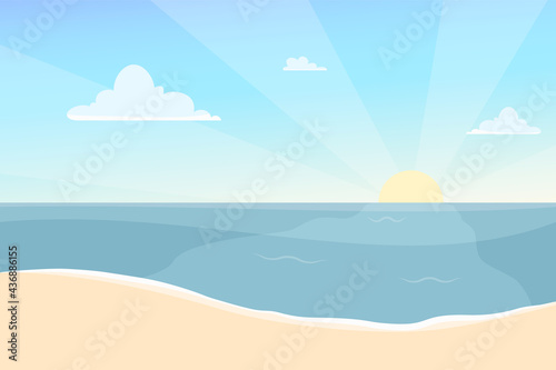 Vector illustration of the sea and the sun at dawn  the white line of the beach. Seashore with sunrise and lovely clouds. Sky and sea background in flat style