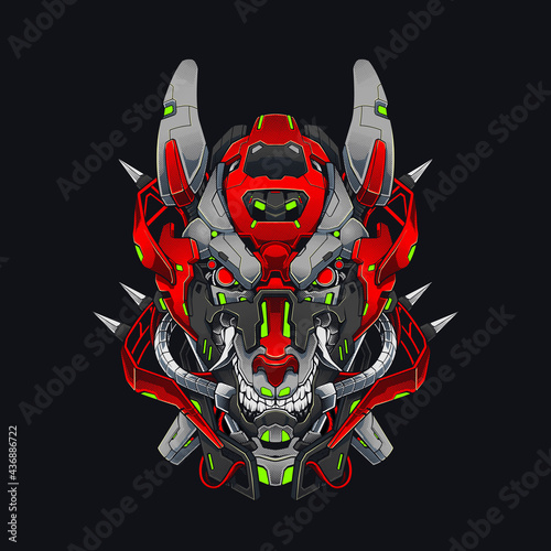 Mecha Evil Wolf Cyberpunk Illustration. A Red Dog or Wolf Shirt Design with a Robot Theme