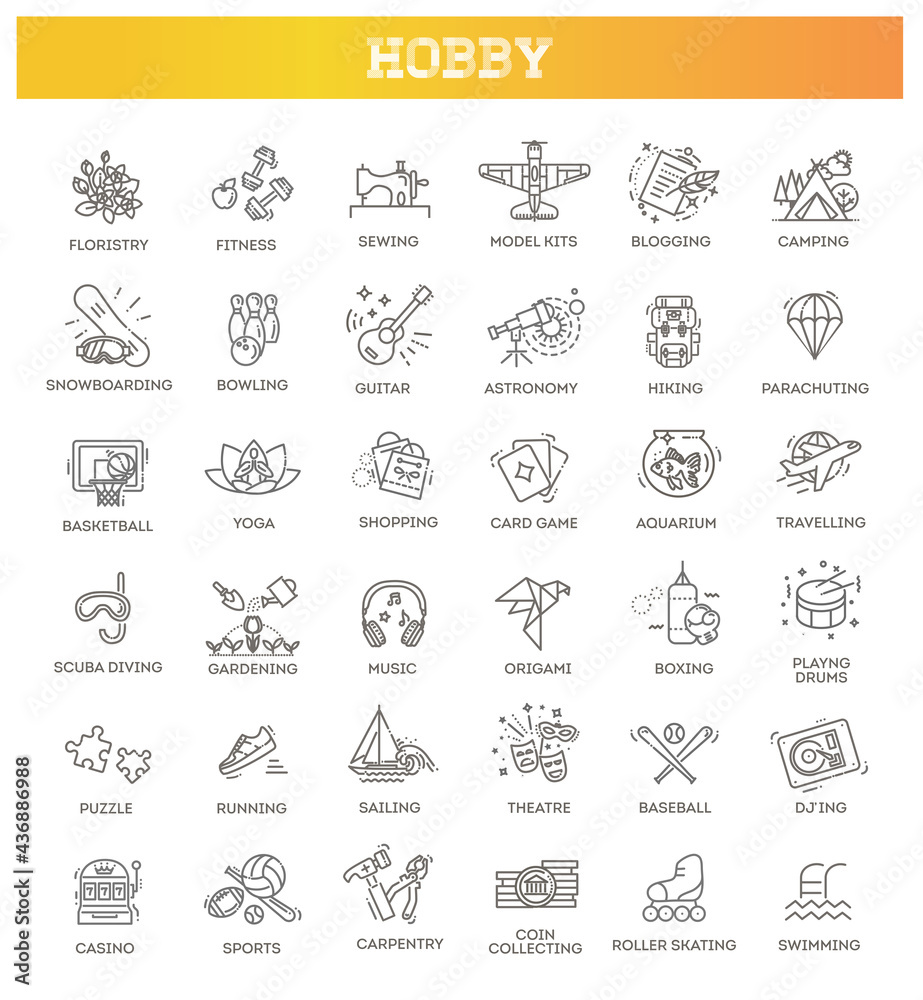 Hobbies and interest detailed line icons set in modern line icon style