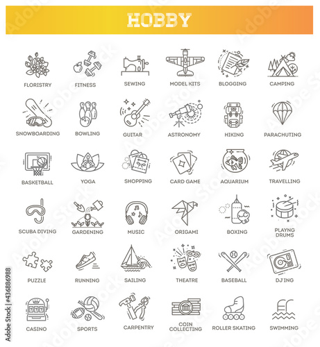 Hobbies and interest detailed line icons set in modern line icon style