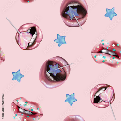Abstract pattern with lips and lollipops. Sexy woman lips with pink holding lollipop, beauty close up.