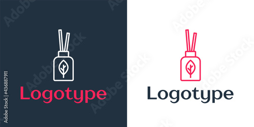 Logotype line Aroma diffuser icon isolated on white background. Glass jar different with wooden aroma sticks. Logo design template element. Vector