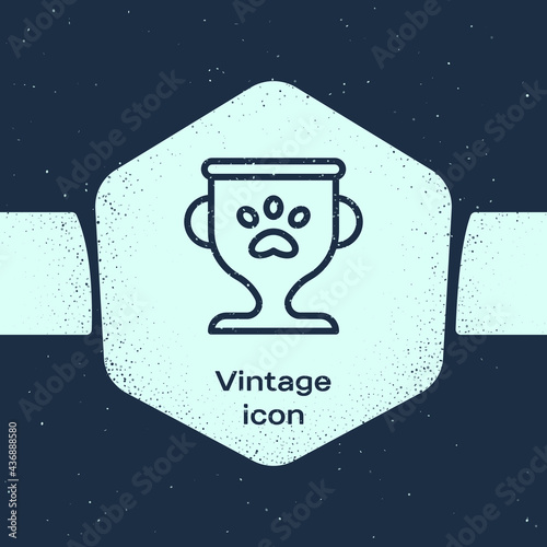 Grunge line Pet award symbol icon isolated on blue background. Medal with dog footprint as pets exhibition winner concept. Monochrome vintage drawing. Vector